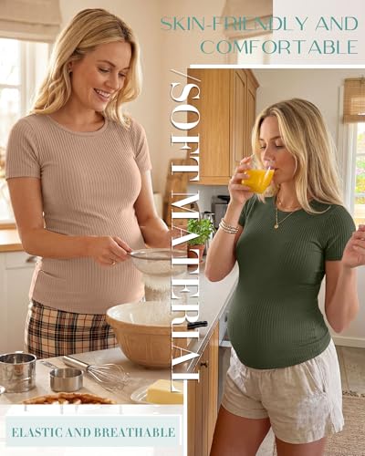 Ficerd 3 Pack Women's Maternity Shirts Short Sleeve Ribbed Pregnancy Tops Crew Neck Basic Tees Summer Mama Clothes - color: Khaki, Army Green, Black, size: Large
