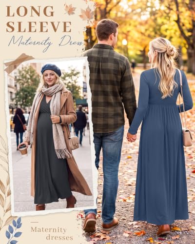 Neer 2 Pcs Maternity Maxi Dresses Long Sleeve Fall Nursing Dress - color: Haze Blue, Dark Gray, size: Medium