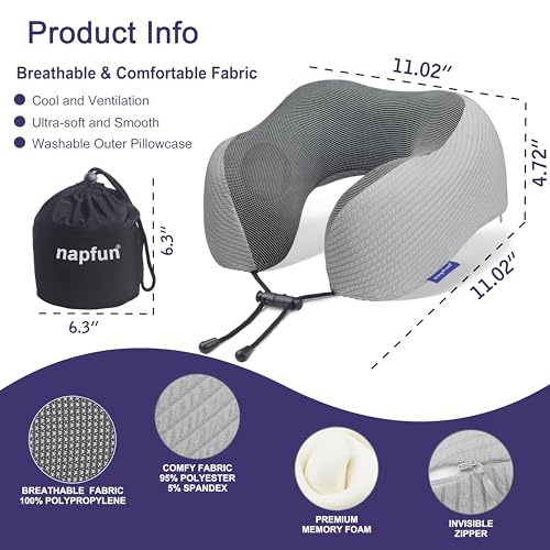 napfun Neck Pillow for Travel, Memory Foam Airplane Pillow, Mist Gray - color: Mist Gray
