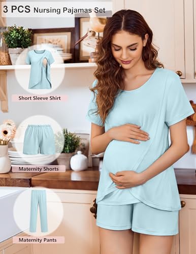 Ekouaer 3 PCS Maternity Nursing Pajamas Set Postpartum Breastfeeding PJS - color: Light Blue, size: Large