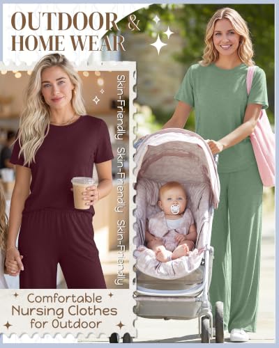 Ficerd 2 Pack Maternity Nursing Pajama Breastfeeding Sets Pjs - color: Sage Green, Wine Red, size: Large