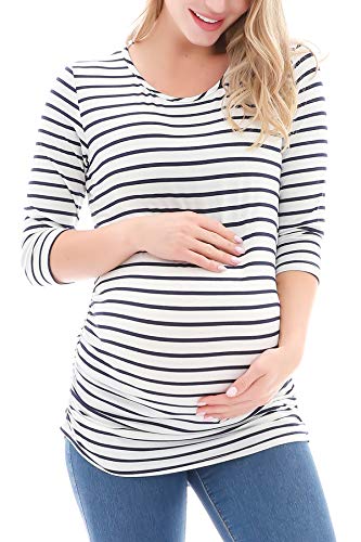 Smallshow Women's Maternity Tunic Shirts 3/4 Sleeve Ruched Pregnancy Tops - color: White Stripe-army Green-wine(3 Pack), size: Large