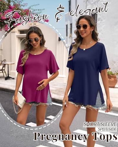 Riyiper 3 Pack Women's Maternity Tunic Cotton Shirts - color: Fuchsia, Navy Blue, Black, size: Small