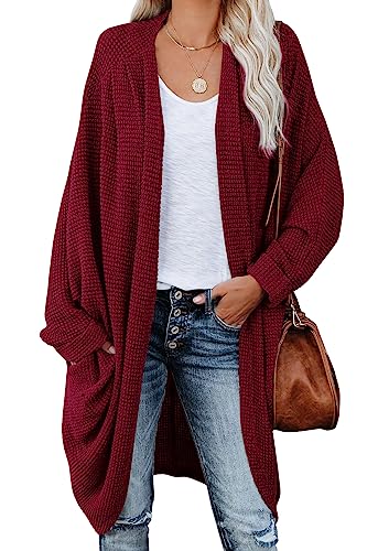 Womens Open Front Knit Cardigan Long Batwing Sleeve Oversized Sweater Chunky Waffle Cable Boho Pockets Coat - color: Burgundy, size: Small