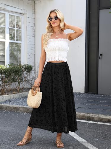 ELLEVEN Women’s Boho Floral Mesh Maxi Skirt - color: Black, size: Small