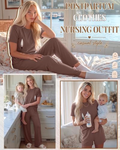 3 Piece Postpartum Nursing Pajamas Set Nursing Lounge Set - color: Coffee, size: Small