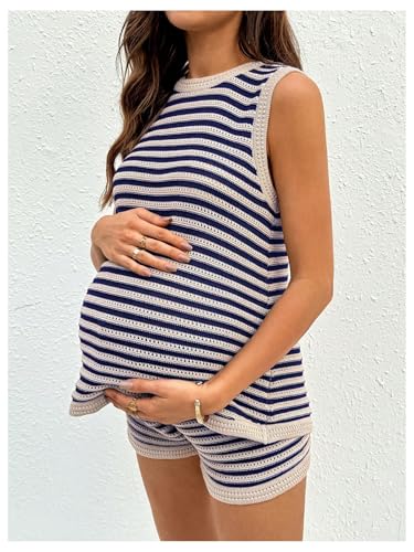 SOLY HUX Women's Maternity Striped Knit 2 Piece Outfits - color: Dark Blue Striped, size: Small