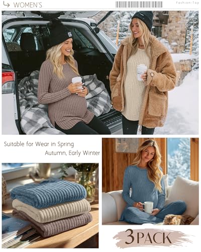 3 Pack Maternity Shirts Pregnancy Sweaters Tunic Tops - color: Blue, Apricot, Coffee, size: Large
