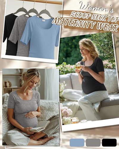 3 Pack Women's Maternity Tops - color: Light Blue, Heather Gray, Black, size: Medium