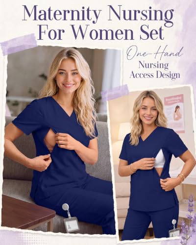 Women's Maternity Scrub Top Pant Set - color: Navy Blue, size: Medium