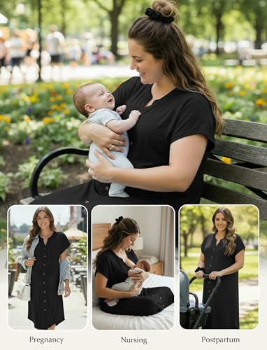 PATPAT Maternity Nursing Dress, Womens Button-Down Midi Dress with Pockets - color: Black, size: Medium