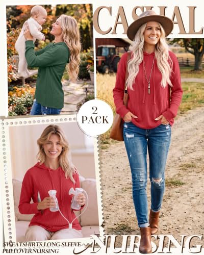 Ficerd 2 Pack Women's Nursing Waffle Hoodies Breastfeeding Tops - color: Watermelon Red, Turquoise, size: Small