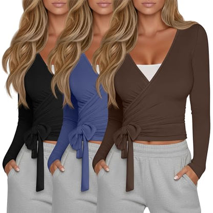 Oakgarden 3 Pack Womens Pilates Ballet Wrap Tops Front Tie Shirt - color: Black, Dark Blue, Coffee, size: Medium