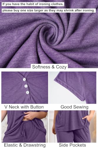 Vozanet Women's Plus Size Pajama Sets V Neck Pants Sets Solid Color Button Sleepwear Soft Loungewear Nighty with Pockets - color: Bright Purple, size: X-Large