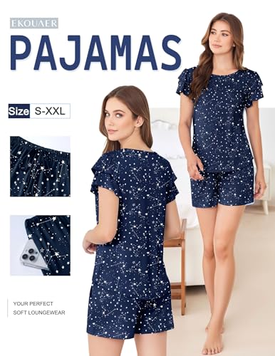 Ekouaer Womens Pajama Sets 2 Piece Ruffle Sleeves Top and Shorts Pjs - color: Navy Blue Star, size: Medium
