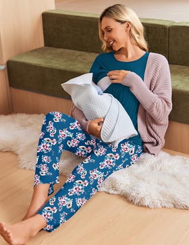 Ekouaer 3 Piece Maternity Nursing Pajamas Set Short Sleeve Breastfeeding Pjs - color: Blue Green-flower, size: Small