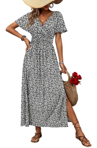 AUSELILY Maxi Dresses V Neck Flutter Sleeve Slit Summer Dress with Pockets - color: Black White Flower, size: Medium
