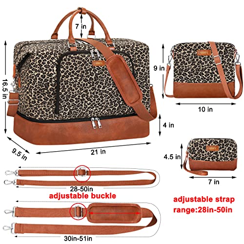 TIBES Travel Weekender Bag for Women, Overnight Bag with Shoe Compartment - color: E-Brown Leopard 3pcs