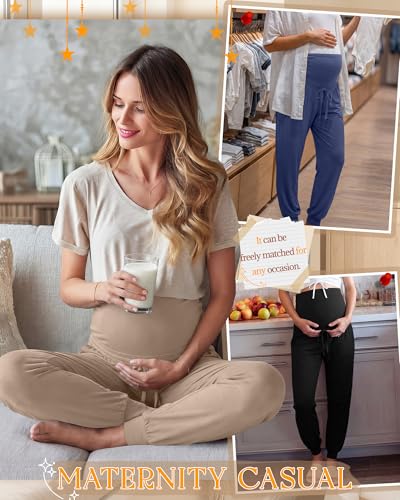 3 Pack Womens Maternity Pants Loose Pregnancy Joggers - color: Khaki, Haze Blue, Black, size: Medium
