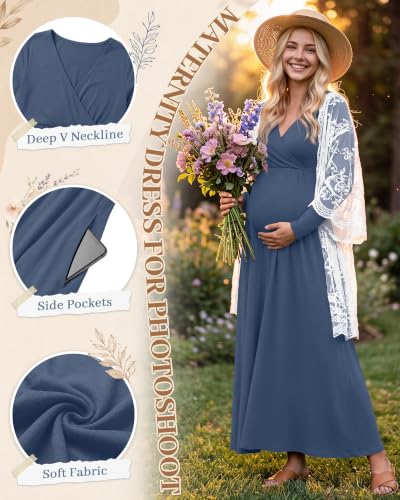 Neer 2 Pcs Maternity Maxi Dresses Long Sleeve Fall Nursing Dress - color: Haze Blue, Black, size: Large