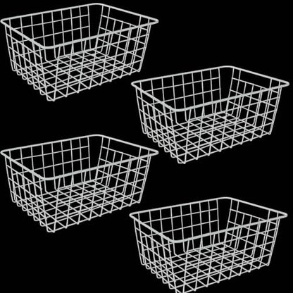 4 Pack Freezer Organizer Bins, White Wire Baskets with Handles