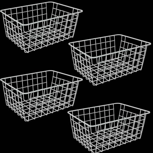 4 Pack Freezer Organizer Bins, White Wire Baskets with Handles