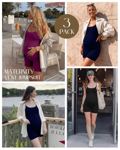 3 Pack Women's Maternity Jumpsuit Shorts - color: Fuchsia, Navy, Black, size: Large