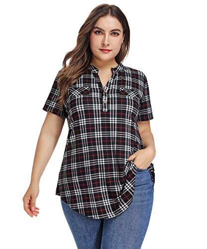 MONNURO Womens Plus Size Tops Button Down Tunic Plaid Shirts Casual Blouses - color: Black, size: 1X