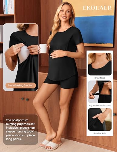 Ekouaer 3 Piece Maternity Nursing Pajamas Set Short Sleeve Breastfeeding Pjs - color: Black, size: X-Large