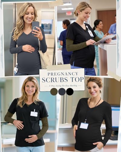 3 Pack Women Maternity Shirts Scrub Tops Side Ruched - color: Black, Dark Gray, Army Green, size: Medium