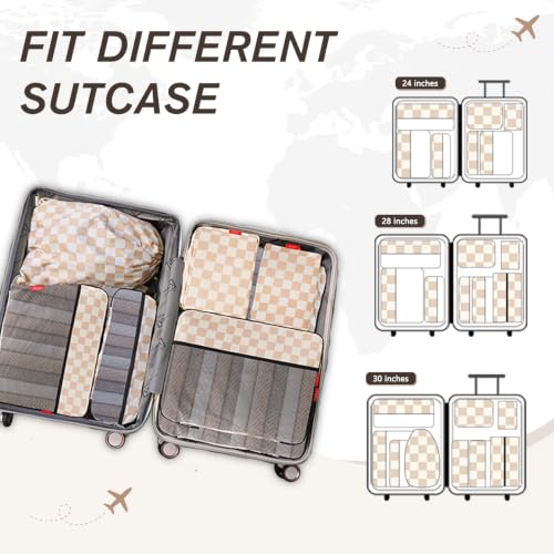 U+U 8 Set Compression Packing Cubes - Ultralight Travel Organizers - color: Khaki Checkered, size: 8 Set