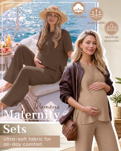 Ficerd 4 Pcs 100% Cotton Muslin Maternity Pajamas Lounge Sets - color: Khaki, Brown, size: Medium