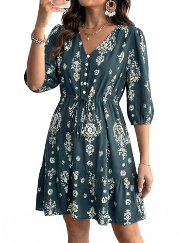 BLENCOT Women's Casual V Neck Button Down Half Long Sleeve Boho Flowy Floral Printed Mini Dress Summer Dresses Maternity - color: Blue, size: Large