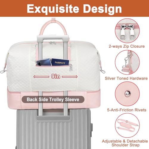 TIBES Travel Weekender Bag for Women, Overnight Bag with Shoe Compartment - color: Pink White 3pcs