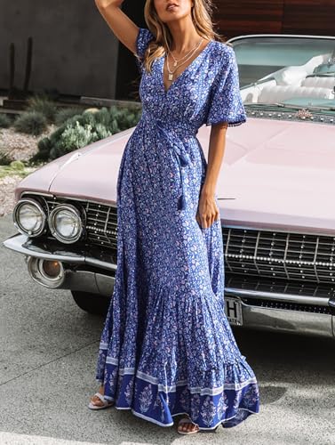 R.Vivimos Womens Summer V Neck Floral Print Boho Midi Dress - color: Blue, size: X-Large