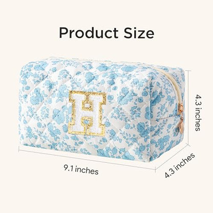 HBselect Personalized Makeup Bag for Women Initial Quilted Toiletry Bag - color: Blue Flower, size: H