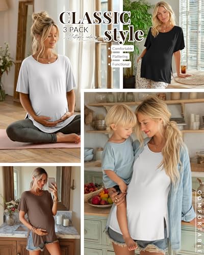 Riyiper 3 Pack Women's Maternity Tunic Cotton Shirts - color: Brown, White, Black, size: X-Large