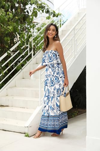 ZMPSIISA Womens Summer Off Shoulder Maxi Dress Strapless Boho Long Dresses - color: A-flower Blue, size: Medium