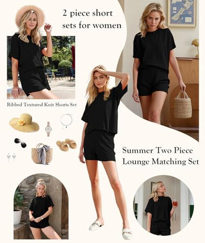 MARZXIN Women 2 Piece Short Set with Vertical Stripes Summer Cruise Outfits - color: Black, size: Large