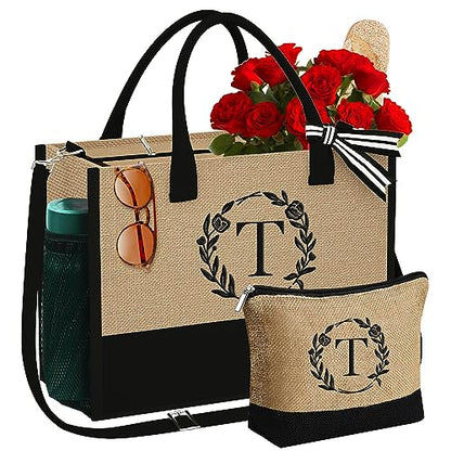 YOOLIFE Personalized Gifts for Women Initial Jute Tote Bag Makeup Bag - color: T
