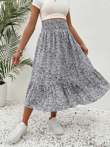 OYOANGLE Women's Maternity Skirt Boho Floral Midi Skirt Pregnancy Skirt - color: Black and White, size: Medium
