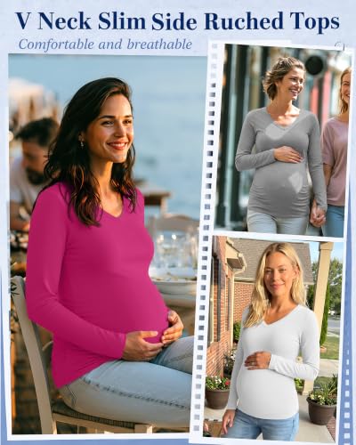 Neer 4 Pack Maternity Long Sleeve V Neck Under Scrub Tops - color: Black, White, Light Heather Gray, Rose Red, size: Medium
