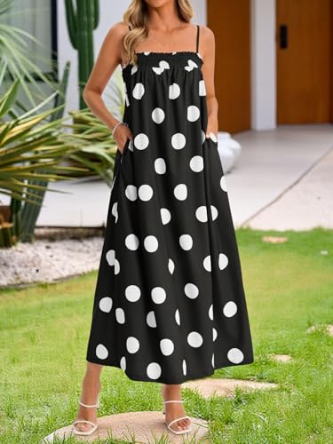 Wenrine Womens Polka Dot Maxi Dress Spaghetti Strap Long Summer Dresses - color: Black, size: Large