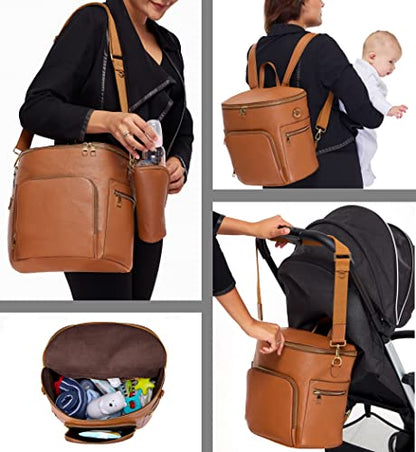 USRA Genuine Leather Diaper Bag handbag backpack for moms Durable quality functional maternity bag organizer (Brown)