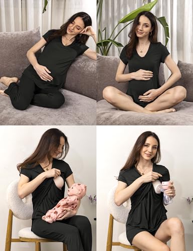 SUNNYBUY 3 PCS Maternity Breastfeeding Pajamas Set with Hidden Nursing Top - color: Black, size: Medium