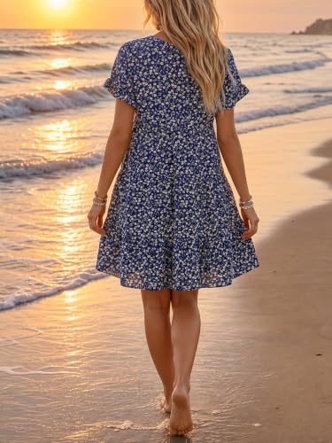 Womens Babydoll Dress Summer Boho Print Ruffles Loose Flowy Mini Dress - color: Navy, size: Medium
