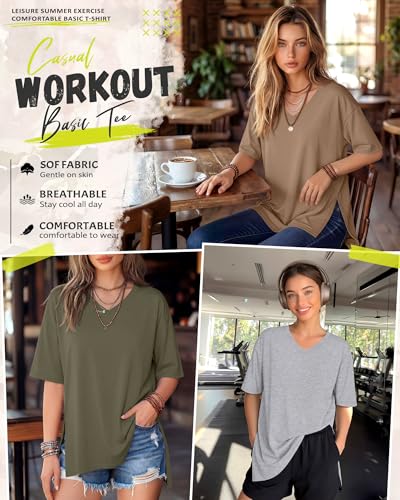 4 Pack Women's Oversized V Neck Shirts - color: Black, Light Heather Gray, Army Green, Coffee, size: Small