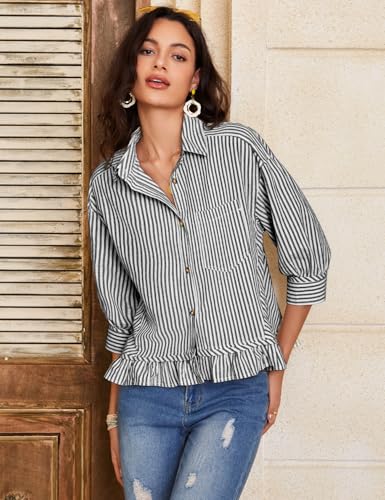 Flygo Womens Striped Button Down Shirts Cropped 3/4 Sleeve Ruffled Blouses - color: Black, size: X-Large