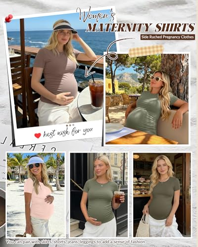 Huukeay 4 Pack Women's Short Sleeve Maternity Tops - color: Beige, Army Green, Light Coffee, Dark Army Green, size: Medium