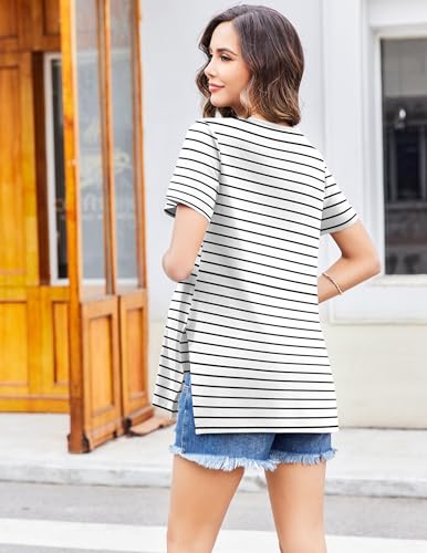 Ekouaer 3 Pack Maternity Shirts Short Sleeve Pregnancy Tops Summer Clothes - color: Black/White/Stripe, size: Medium